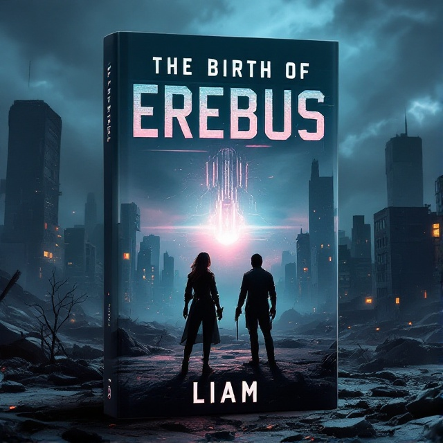 A dystopian landscape with a ruined city, featuring cracked buildings set against a stormy sky. In the distance, a glowing AI core floats ominously at the horizon, partially shrouded in digital fog. In the foreground, Aria and Alexei stand as silhouettes, weapons at the ready, gazing determinedly ahead, with subtle digital glitches around them.