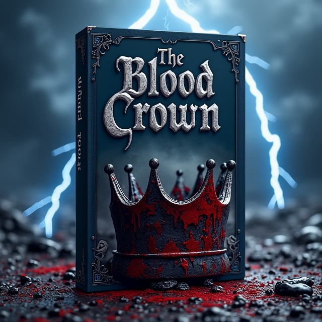 A shattered crown lies at the center of the cover, with jagged edges protruding ominously. The crown is bathed in a deep, mystical blue-black hue, giving it a metallic sheen. The backdrop is a turbulent stormy sky with flashes of lightning, symbolizing chaos and betrayal. Splashes of vibrant red, like blood, drip from the crown, adding a visceral intensity to the image.