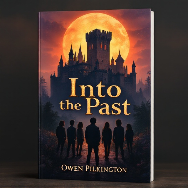 The cover features a dimly lit scene with a large medieval castle in the center, basking in the warm, golden hues of a setting sun. Five teenage silhouettes are in the foreground, facing the castle. Each figure is distinct in posture, implying their individual personalities. The landscape subtly hints at a fantasy world with mystical flora lining the path to the castle. The sky is a symphony of orange, purple, and pink, adding to the mysterious ambiance.