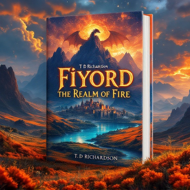 A dynamic scene featuring a sparkling blue body of water in the foreground, leading the viewer's eye towards vivid orange meadows that spread out to a distant mountain range. Perched majestically on the largest mountain is a powerful dragon, with its wings spread wide as if just having landed. In front of the mountain, a vibrant and intricate medieval city nestles, emanating a sense of wonder. The overall landscape glows warmly with hues of orange, red, and flecks of blue, suggesting a fantasy world where fire and beauty coexist.
