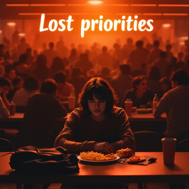 A bustling cafeteria filled with students occupying the background. The foreground features the main character sitting alone at a table with a contemplative expression. In front of them is a plate of golden fries, a half-eaten slice of pizza, and a slightly open backpack on the floor beside the chair. The lighting casts a warm, reddish-yellow glow, evoking nostalgia. Silhouettes of laughing friends can be subtly seen in the shadows, illustrating the main character's longing for connection.