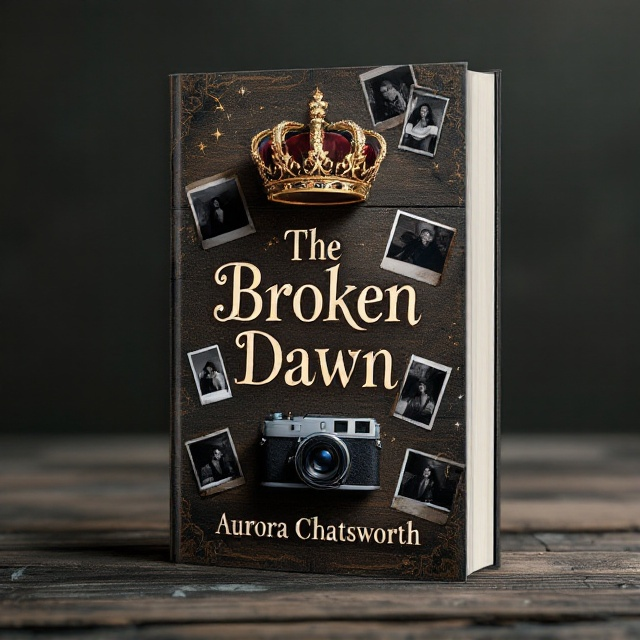standing book mockup, Its title is "The Broken Dawn". Its author name is Aurora Chatsworth.  The book cover features a traditional crown positioned prominently at the top center, casting a shadow to impart a royal ambiance. Below, a vintage camera is artistically placed on a rustic wood texture background beside an arrangement of black and white photo snapshots scattered around, invoking a sense of nostalgia and longing. These elements are layered with a dark, muted color palette tied together with hints of sepia tones to accentuate the historical aspect. "The Broken Dawn" is displayed in an elegant serif font, evoking a classic and sophisticated look. The author’s name, Aurora Chatsworth, is positioned at the bottom in a delicate cursive font to contrast and complement the boldness of the title., The traditional crown is visually emphasized at the top center with the vintage camera slightly beneath it and snapshots surrounding it, creating a balanced focal point. The title and author's name are prominently placed in a way that they remain readable but secondary to the central images.