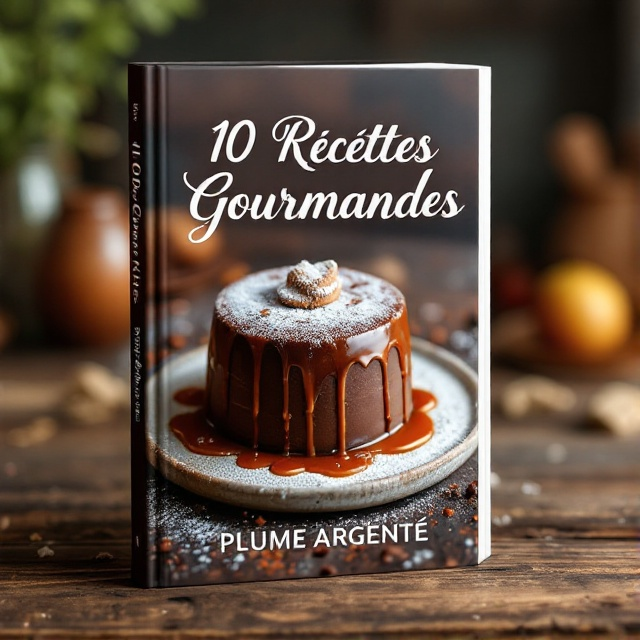 The cover features a close-up, high-resolution image of a decadent chocolate dessert, drizzled with caramel and sprinkled with powdered sugar, placed centrally. The background is a soft focus image of a rustic, wooden kitchen table. The color palette includes rich browns, warm golds, and clean whites, evoking a feeling of warmth and indulgence.