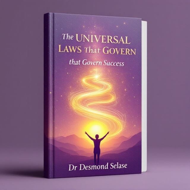 A serene purple background enriched with subtle celestial patterns, symbolizing the universe. In the center, a radiant, golden spiral swirls upward, signifying growth and self-actualization. The bottom foreground features a delicate silhouette of a person with arms uplifted towards a rising sun, representing success and positivity.
