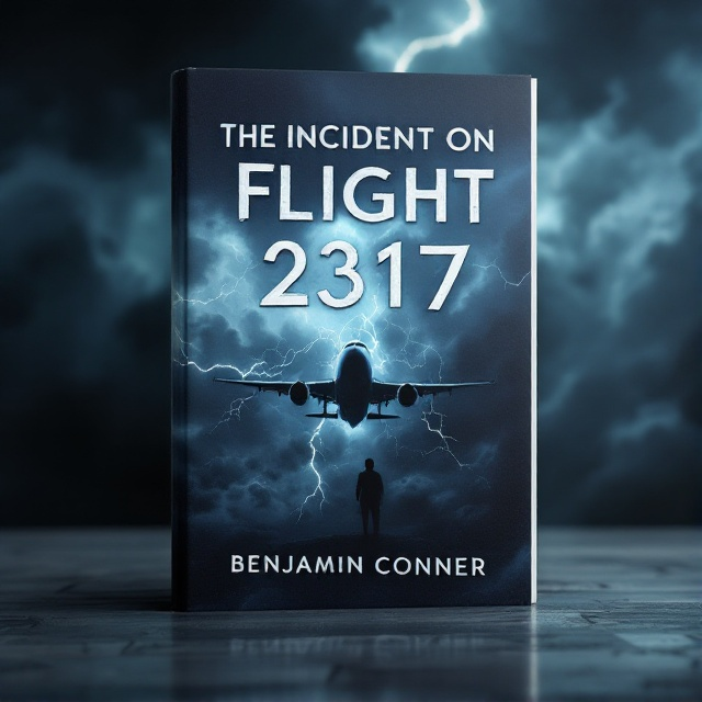 A shadowy airplane cruising through a stormy sky occupies the center of the cover, with dark clouds swirling dramatically around it. Lightning bolts streak subtly across the backdrop, casting an eerie, unpredictable glow. A silhouetted figure observed from an airplane window adds an element of intrigue and suspicion. The color palette predominantly features shades of dark blue and gray, with the occasional silver flashes mimicking lightning.