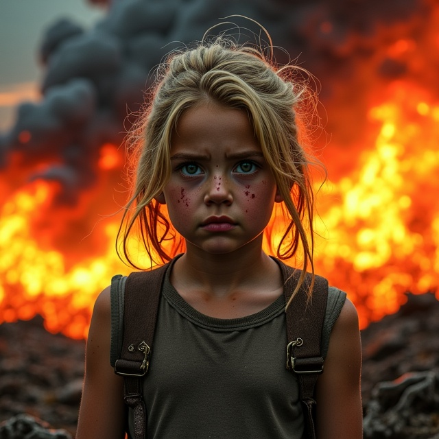 A dramatic scene featuring a young girl with blonde, messy hair, visible cuts on her skin, and dirt-streaked clothes as the focal point in the center. Her expression conveys panic and sadness. Behind her, a vast forest is engulfed in roaring flames, with thick smoke billowing upwards, tinging the sky a haunting orange and black. The flames are reflected in her wide eyes, enhancing the sense of urgency and foreboding.