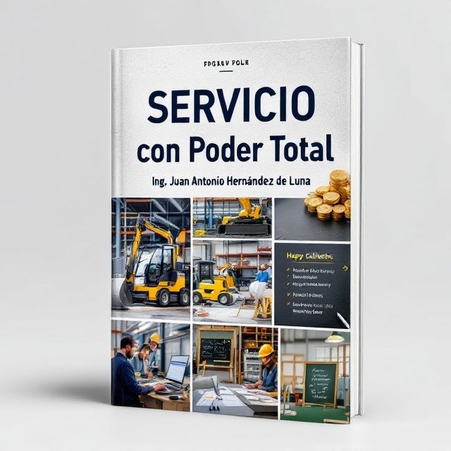 The cover features a collage of images a sleek, orderly service workshop foregrounded, with machinery actively working in the construction field. Adjacent, a focused individual works on a computer, while a chalkboard planning chart is visible nearby. In the background, subtle graphics of coins symbolize cost savings, with happy clients and slogans indicating increased efficiency and reduced stress embossed subtly across the middle section. The overall aesthetic is contemporary and dynamic, combining elements that convey both order and energy.