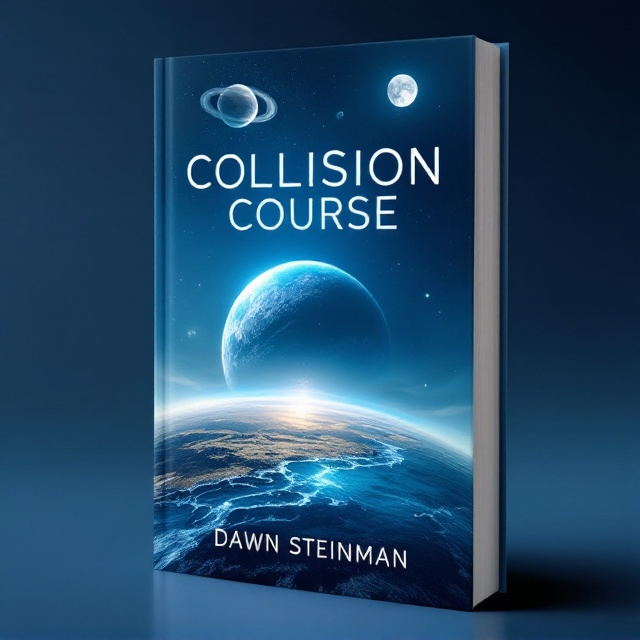 A serene and expansive blue sky forms the backdrop, dominated by a large, mysterious watery planet taking up the lower half of the cover. A glowing moon hovers in the top right corner, while a larger neighboring planet with faint rings sits majestically in the top left, its shadows cast subtly across the sky. In the middle-ground, an ominous asteroid hurtles diagonally across the scene, emanating a trail of glowing particles, hinting at its impending collision with the planet. The scene encapsulates suspense, danger, and mystery, with sharp contrasts between the tranquil planet and the threatening asteroid.