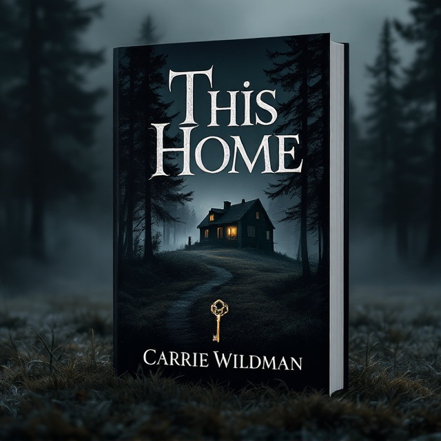 A dark, gothic setting featuring a house perched on a distant hill amidst looming, tall pine trees. The foreground is shadowed, accentuating the single, dim light glowing from the attic window, casting an eerie focal point. Lying on the dewy grass is an ornate, old key, glistening subtly as the primary visual anchor. The background is enveloped in deep blacks and subtle grays, incorporating swirling fog around the pines to amplify the suspenseful atmosphere.