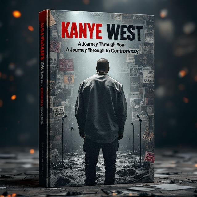 Kanye West is depicted from behind, his figure slightly hunched, standing at the forefront of a collage of blurred media lines, flashing cameras, and tabloid headlines. In the background, a shadowy, crumbling stage with broken microphones symbolizes the collapse of his career. The color palette uses muted tones with stark contrasts, focusing on darker hues such as deep blues and grays with pops of angry reds and oranges to convey emotion.