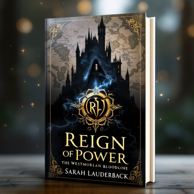 The cover features a majestic castle silhouette set against a backdrop of an enthralling, hand-drawn map that shows the intricate lands of Westmorlan. Light and shadow interplay across the scene, with ethereal wisps suggesting supernatural powers. At the forefront, a distinguished emblem of the Westmorlan family crest is embossed in gold. Jezimir, a mystical figure, looms in the background, suggesting both prophecy and legacy, with subtle hints of energy emanating from his form.