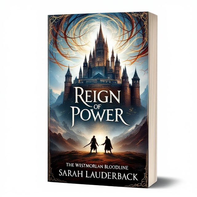 A majestic castle rises in the center, surrounded by swirling elements of light and shadow that weave into the sky. Below the castle, two warriors are preparing for battle, their silhouettes framed by the dramatic play of light and shadow. The background showcases distant lands of majestic Jezimir with mystical colors blending the supernatural aura.