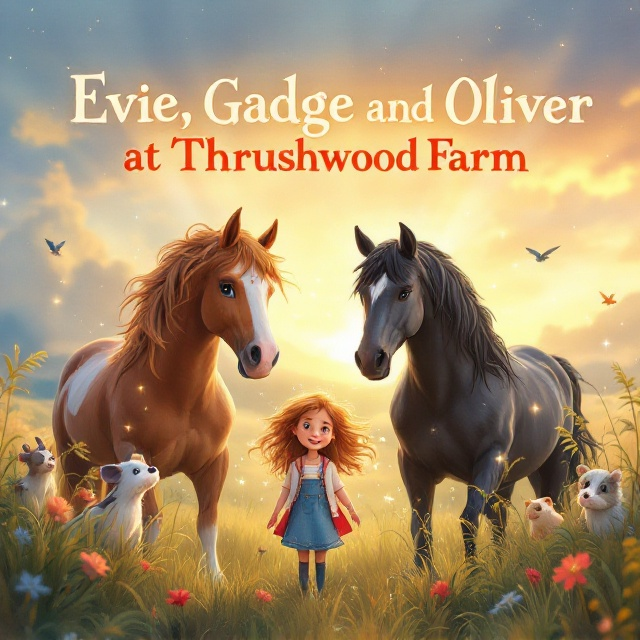 On the cover, a charming and whimsical scene unfolds in the idyllic countryside backdrop of Thrushwood Farm. A lively 3-year-old girl with mousey hair stands joyfully between two majestic Friesian horses – a splendidly colored one and a sleek black one. The sky is painted with hues of dawn, hinting at the magic of the farm. Light beams shimmer magically around the characters, suggesting an enchanting bond among them. Subtle elements of animals peeking out from lush grass add to the sense of wonder.