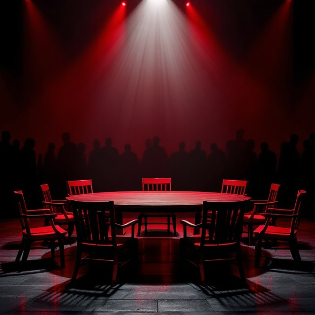 A dark, moody cover dominated by a deep red and black color scheme. A stark spotlight illuminates a wooden table and twelve empty chairs that are arranged in a circle. Shadows stretch across the floor, enhancing the feeling of emptiness and gravity. In the background, faint silhouettes of figures can be subtly perceived, suggesting invisible presences or hidden pressures.
