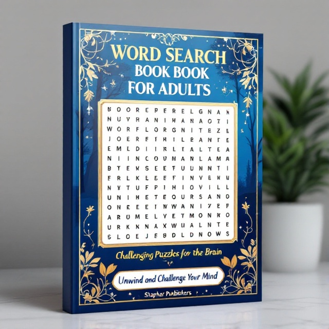 The cover features a central puzzle grid fading into a deep blue gradient background. Some letters within the grid are highlighted, and around the edges are elegant illustrations of trees and abstract shapes. Gold and silver accents are used for key text elements, providing an elegant touch.