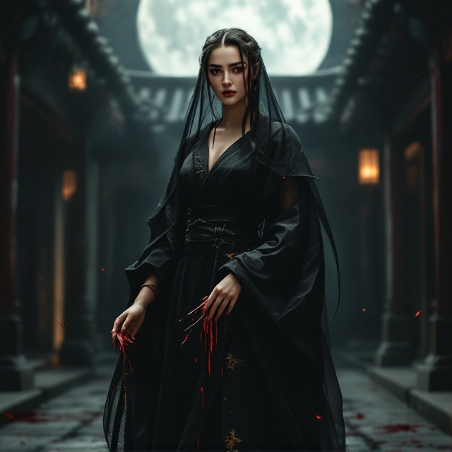 A determined and solemn ancient woman stands with resolute eyes, her expression a blend of coldness and tenacity. She is depicted in a graceful yet firm stance, adorned in a plain dress with a black veil, exuding mystery and solemnity. In her hand, she clutches a blood-stained hairpin, the droplets creating a poignant image. The background is an enchanting ancient courtyard, bathed in eerie moonlight, with shadows swirling behind her, symbolizing her inner turmoil and unyielding spirit.