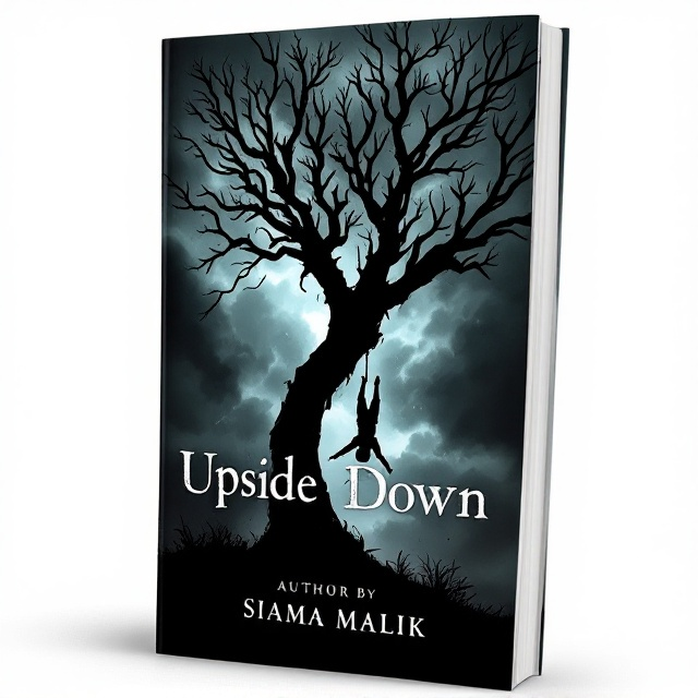 A menacing dark black silhouette of a gnarled tree stands prominently against a stormy, shadow-laden sky. Hanging upside down from a branch is a human form, adding a sense of foreboding. The focal point is a small Rider-Waite-Smith death tarot card clipped to the center of the tree, blending into the stark shadows.
