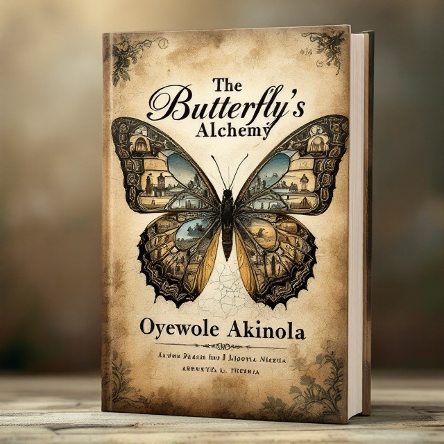 The cover features a large silhouette of a butterfly, its wings filled with intricate patterns and illustrations, each depicting scenes from Abeokuta, Nigeria. The bottom half of the butterfly morphs into an old, classic map of Abeokuta, with sepia tones enhancing the historical feel. The background is a textured canvas that mimics aged paper, providing a warm, vintage ambiance.