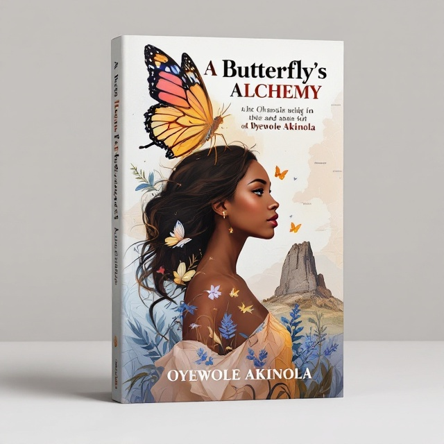 The cover features a central illustration of a young lady with delicate features, her hair gently flowing as if in the breeze. Behind her, the enchanting imagery of a butterfly mid-transformation, its vibrant colors hinting at alchemy and change. Set against a subtle backdrop, a faint map of Abeokuta is woven into the design, anchoring the scene in historical context. Olumo Rock is elegantly sketched in the background, grounding the local essence of the story.