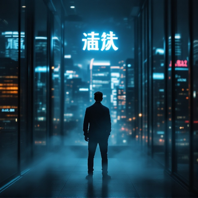 A dimly lit, modern urban cityscape at night forms the backdrop. In the foreground, a slightly blurred figure of a modern man in casual attire stands, half-turned as if caught in a moment of transformation. Mist swirls around his feet, adding a sense of mystery and intrigue. A faint reflection in a nearby glass window hints at an ethereal shadow trailing him.