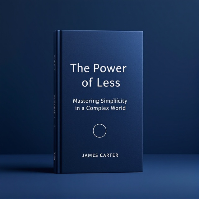 A deep navy blue gradient background creating a tranquil ambiance. In the center, the title “The Power of Less” appears in bold white sans-serif font. Below it, in lighter font, the subtitle “Mastering Simplicity in a Complex World” is elegantly placed. A minimalist, incomplete circle graphic sits behind the text, suggesting continuous growth and focus. The author’s name, James Carter, is subtly placed at the bottom in uppercase letters.