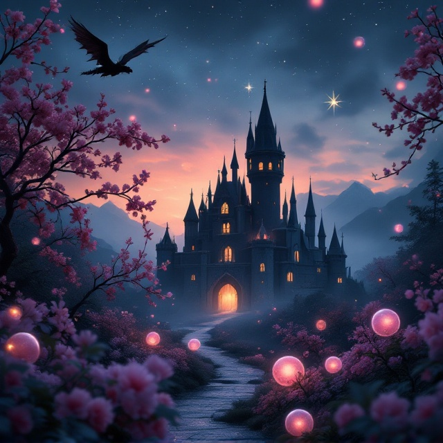 An enchanting scene with a dark, mysterious castle reminiscent of those in Harry Potter and Game of Thrones, surrounded by swirling blossoms. In the foreground, pastel-colored memory balls float akin to those in Inside Out, casting a soft glow that contrasts the dark surroundings. A dragon silhouette flies gracefully in the sky, adding a sense of adventure and intrigue. The background features a twilight sky, dotted with a few glowing stars, enhancing the magical atmosphere.