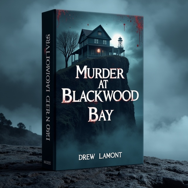The cover features an enigmatic Victorian home perched on the edge of an ominous cliff, partially obscured by dense, swirling fog. The scene is set at night, under a dim, cloud-covered sky. A distant lighthouse casts a weak beam of light, slicing through the mist. Blood-red splashes artfully dot the fog, adding a sense of foreboding.