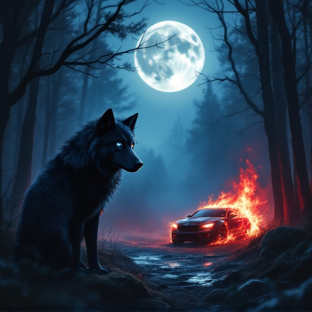 A mysterious forest at twilight serves as the backdrop with a large, luminous full moon hanging overhead. In the foreground stands a majestic black wolf, its fur slightly windswept, with piercing blue eyes that capture the viewer's attention. Nearby, a car is engulfed in vibrant red and orange flames, casting a dynamic glow against the dark, shadowy forest. The fiery scene juxtaposes the serenity of the moonlit landscape, evoking a sense of longing and mystery.