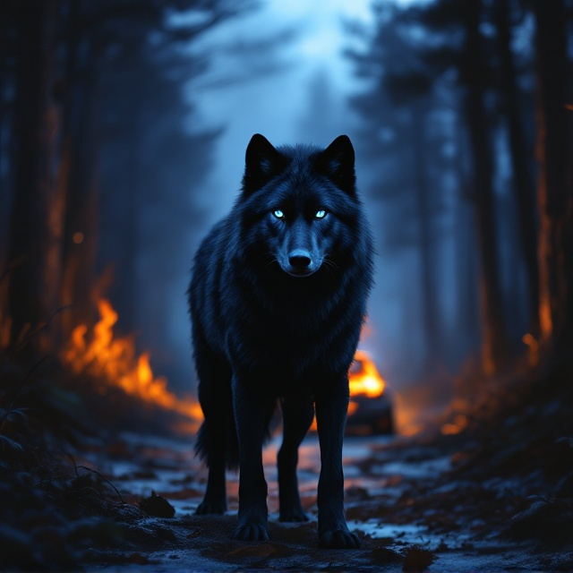 A moonlit scene with a black wolf standing powerfully at the center. Its intense, piercing blue eyes are directed straight at the viewer, capturing an air of mystery and longing. In the background, a car ablaze provides a fiery contrast to the wolf’s dark fur, the flames casting light and shadow within the dense, surrounding forest. The scene is bathed in dusky blues, which accentuate the enigmatic, otherworldly feel of the cover.