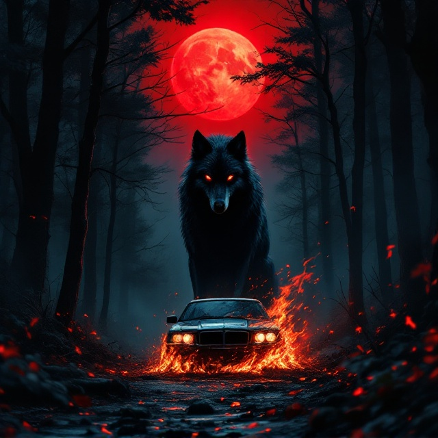 The cover features a shadowy forest under a vivid red moon, with dense, dark trees enveloping the scene. At the center, a fierce black werewolf stands proudly. The werewolf's eyes reflect the red light of the moon, adding an element of mystery and intrigue. On the ground, a car is engulfed in flames, its fire casting an eerie glow on the surrounding forest. The entire cover exudes a sense of mystery and longing, highlighted by the contrast between the fiery car and the cold forest.
