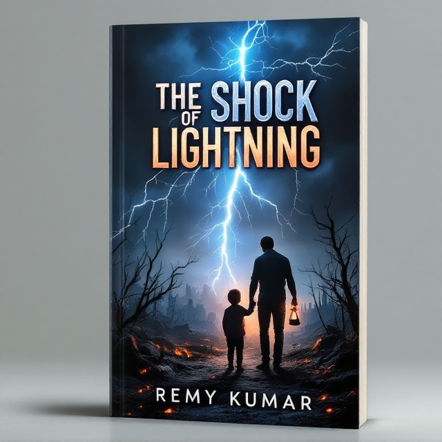 A dark, stormy sky looms above a barren landscape, with charred ruins scattered across the landscape. In the foreground, a child and father hold hands, silhouetted against a dramatic, jagged bolt of lightning that splits the sky. The child carries a small, flickering lantern that provides a faint glow of hope. The scene is infused with an ominous, electric aura, hinting at the desolation caused by the electromagnetic pulse.