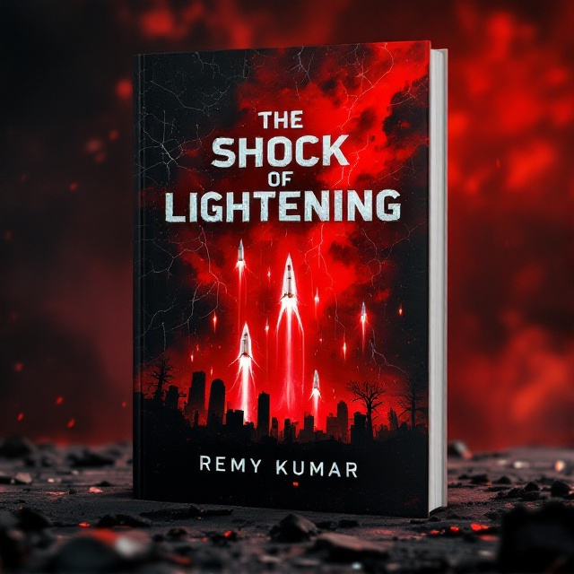 A dark, turbulent red sky dominates the background, filled with crackling traces of an electromagnetic pulse. Silhouetted against this chaos are rocket ships and space ships, arcing upward from a shadowy, ravaged representation of Earth in the bottom quarter of the cover. Debris and faint remnants of cityscapes emphasize the sense of despair and desolation.