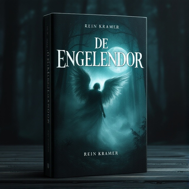 A shadowy forest setting bathed in moonlight forms the backdrop, with a faint yet cryptic silhouette of an angel blending seamlessly into the trees. The angel’s wings are partially visible, shrouded in mist, suggesting both ethereal beauty and a hint of danger. The color palette is a mix of deep greens, midnight blues, and silvery greys to heighten the mystery.