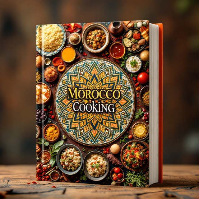 A vibrant cover featuring a collage of traditional Moroccan dishes like pastilla, tajine, and couscous. These dishes are artistically arranged in a circular pattern around a central ornate Moroccan tile design. The background is a rich, earthy tone reminiscent of Moroccan spices, with subtle patterns of traditional Moroccan textiles incorporated into the design for texture and depth.