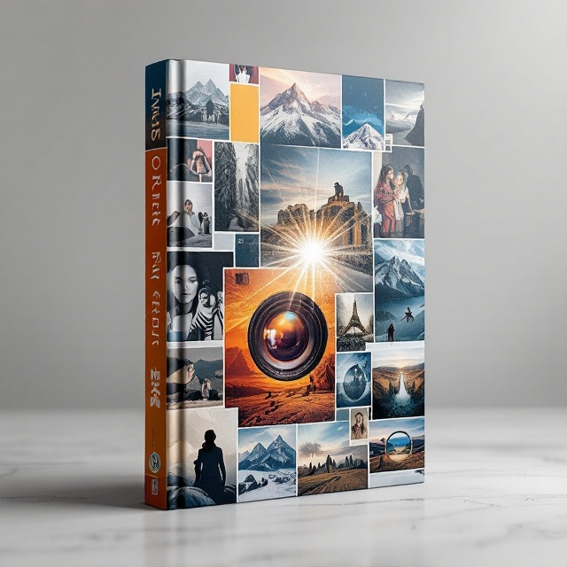 A collage of various iconic photography styles such as portrait, landscape, and abstract, each section distinct with a blend of vibrant and muted color palettes, layered to create a dynamic interplay. The silhouette of a classic camera lens overlays the scenes, with light rays dramatically emanating from the lens, adding depth. The cover background is a softly blurred, monochromatic gradient to highlight the vibrant imagery in the foreground.