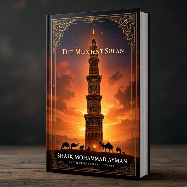 The cover features a towering minaret as its central element, set against a dramatic sunset sky that reflects a palette of deep oranges and purples. The minaret is richly detailed, with intricate patterns reminiscent of medieval Islamic architecture. Silhouettes of camels and a caravan can be seen at the base, suggesting a journey. This is encased by a border of ornamental motifs.