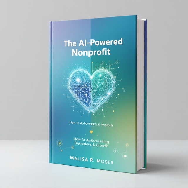 The book cover features a split image design, seamlessly merging an abstract digital brain symbolizing AI on the left and a heart representing nonprofit care on the right. The background blends a gradient of soothing blue and green hues, suggesting innovation and growth. The lower section of the cover includes small icons of currency symbols, graphs, and connection networks, floating subtly, indicating automation in fundraising and donations.