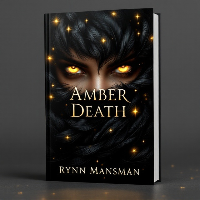 A pair of intense golden eyes peer out from the darkness, surrounded by a swirl of iridescent, black feathers. A subtle hint of magical symbols glows faintly in the background, giving a mystic aura. Shadows and light play across the cover, creating depth and a sense of motion, portraying the theme of revolution and transformation.