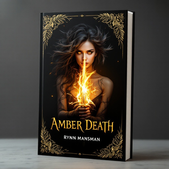 A young woman with an ethereal presence, featuring hair made of delicate, layered feathers, stands against a stark black background. Her amber eyes, vibrant and alive, resemble those of a predatory bird, catching the viewer's attention with their intensity. She wields a sword of fire held confidently in front of her, illuminating her face and the immediate space around her with a supernatural glow. The top half of her body is in focus, creating a sense of mystery and focus on power. Surrounding this central figure, a border of intricate golden feathers frames the cover, creating a sense of depth and importance.