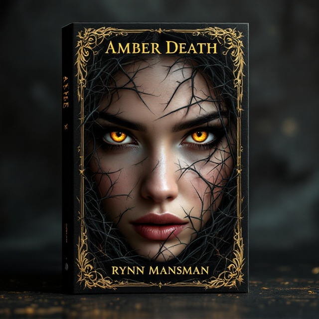 A close-up of a young woman's face dominates the cover, her fierce and bold golden eyes staring intensely. Black vines with sharp thorns crawl over her face, creating an intricate pattern, juxtaposing beauty with danger. A feathery golden border frames the cover, adding an ethereal touch against the deep black background. The overall design invokes a sense of dark power and ancient wisdom.