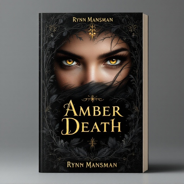The cover features the intense gaze of a young woman with striking golden eyes set against an ink-black background. Her eyes pierce through the darkness with a sense of mystery and power. Surrounding her eyes is a frame made of intertwining dark brambles and soft black feathers, creating a mystical border that enhances the fantasy element. The overall aesthetics convey a sense of dark enchantment and fierce determination.