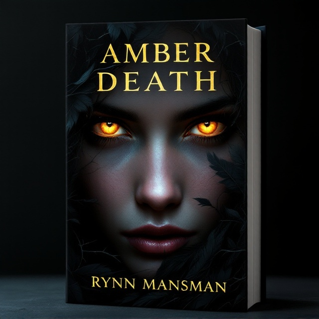 A close-up view of a young woman’s face with glowing golden eyes, emerging from the shadows. Her eyes are intense and piercing, set against a backdrop of darkness. Dark feathers entwine with black thorny vines, framing her face dramatically. The background fades into pure black, emphasizing her haunting presence and otherworldly gaze.