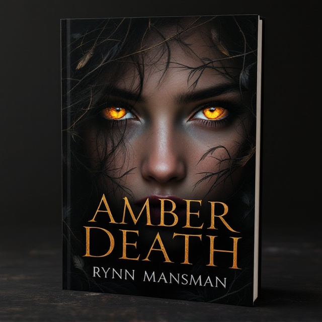 A close-up of a young woman’s face dominates the cover, her golden eyes luminescent against the dark backdrop. Her features are partially obscured by intertwined briars and feathers, which subtly frame her face. The contrast between the deep black background and her glowing eyes creates an aura of mystery and magical intensity. The feathers add a sense of otherworldliness, while the briars symbolize both protection and entrapment.