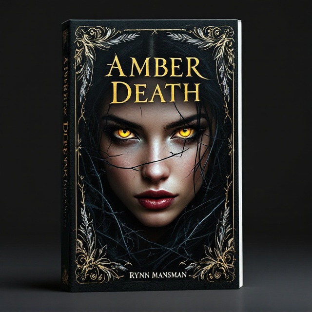 A striking portrait of the young woman with golden eyes pierces through the shadowy background. Her features are sharply defined, with her beak-like nose hinting at her avian nature. Black briars coil gently around her face, giving an impression of both danger and elegance. The borders of the cover are intricately decorated with an intertwining of black and gold feather motifs that suggest movement and fluidity. The overall image is imbued with a dark, mysterious ambiance that captures the essence of fantasy and the unknown.