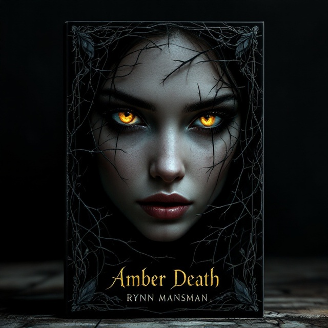 The cover features a striking close-up of a young woman, her golden eyes piercing through the deep shadows. Her face is framed with intertwining black briars, which creep across her skin, merging seamlessly into a border interwoven with delicate feather patterns. Her face, alien and intense, subtly transforms into that of a bird-woman, with a sharp, gracefully arched beak instead of a nose. The background is a rich black, enhancing the allure and mystery of her presence.