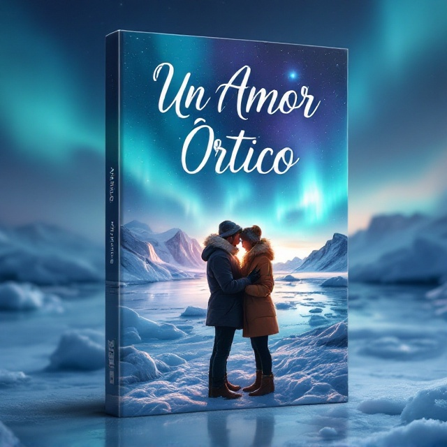 The cover features a serene and romantic scene with two lovers standing amidst a backdrop of gleaming icebergs and a vast expanse of ice in Antarctica. The couple is warmly dressed in cozy winter attire, embraced in a gentle hug. Above them, the aurora borealis casts a magical and ethereal glow, with shades of blue and hints of green dancing across the sky.
