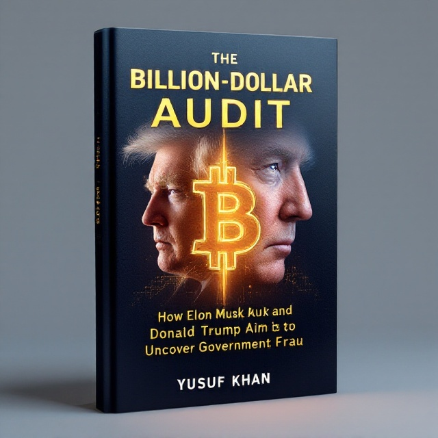 A bold, modern cover with a split-image design, showcasing half of Elon Musk’s face on one side and half of Donald Trump’s face on the other. In the center, a large, glowing Bitcoin logo is subtly overlaid, symbolizing the audit and financial investigation. The background is a sleek, deep navy-blue color, giving the design a professional yet dramatic effect, complemented by metallic gold accents for a business-oriented feel.