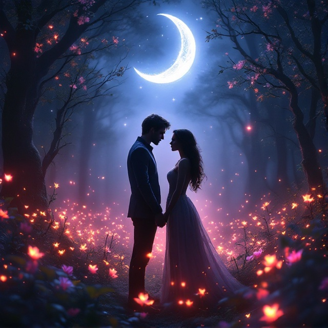 A mystical forest in twilight with ethereal glowing flowers scattered throughout. In the center, a silhouette of two figures standing close together, their hands almost touching, surrounded by soft, glowing light. A crescent moon hangs high above, casting a silver glow across the scene.