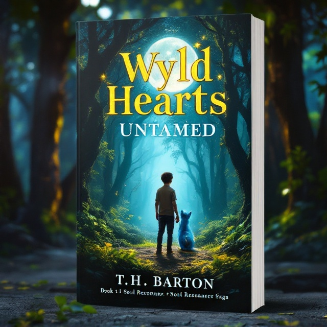 A captivating scene of a young boy standing amidst a dense, mystical forest. The forest is lush with vibrant greenery, and towering trees encircle him. A small, fantastical squirrel-like creature with electric blue fur and vibrant yellow streaks sits perched on his shoulder, its tail alight with subtle sparks. A large opening in the canopy allows a luminous full moon to cast a serene glow over the boy and the creature, enhancing the sense of wonder and adventure.