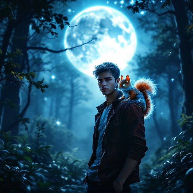 A captivating scene featuring a young man in a dynamic pose standing in a mystical forest. The forest is lush and vibrant, with shafts of moonlight filtering through the trees. Perched confidently on his shoulder is the small, electric squirrel-like creature, its fur glowing in the moonlight. The creature's eyes sparkle with electricity, adding an intriguing focal point. The sky is dominated by a large, luminous full moon, casting an ethereal glow over the entire scene.